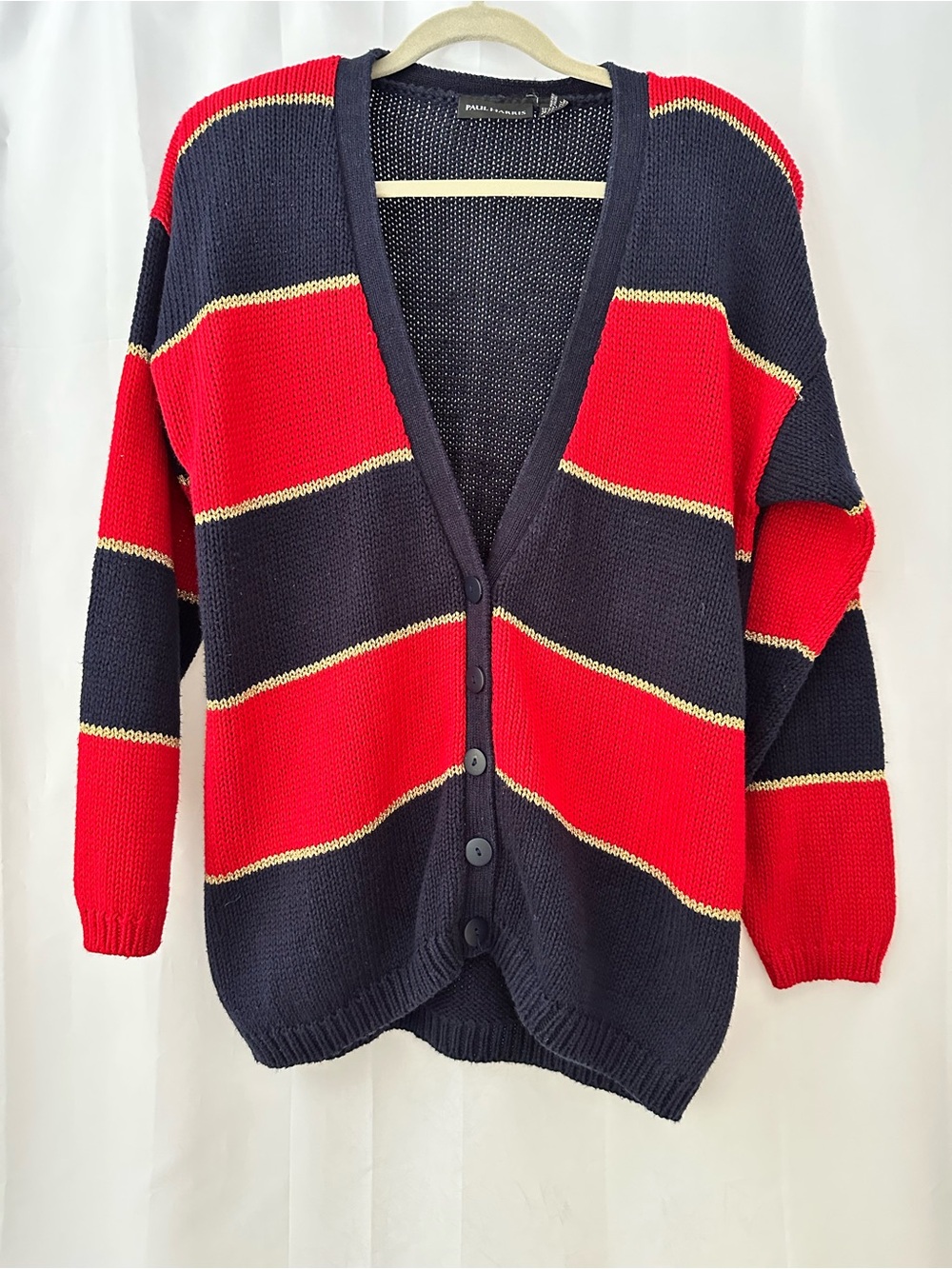 Paul Harris Striped V-Neck Button Cardigan in Navy, Red & Gold - Preppy Vintage